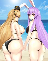 Rule 34 | 2girls, absurdres, animal ears, artyom, ass, bare shoulders, bikini, blonde hair, blush, breasts, from behind, hat, highres, huge ass, junko (touhou), large breasts, long hair, looking at viewer, looking back, multiple girls, open mouth, purple hair, rabbit ears, red eyes, reisen udongein inaba, shiny skin, sideboob, swimsuit, thick thighs, thighs, thong, touhou, very long hair