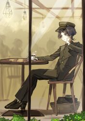 Rule 34 | 1boy, basket, black footwear, black hair, black hat, black jacket, black pants, blunt ends, buttons, chair, closed mouth, coffee, coffee mug, commentary request, crossed legs, cup, eyeshadow, from outside, frown, genshin impact, hand up, hanging light, hat, highres, holding, holding cup, indoors, jacket, long sleeves, makeup, male focus, mug, on chair, pants, parted bangs, peaked cap, pocket, purple eyes, red eyeshadow, round table, saucer, scaramouche (genshin impact), shoes, short hair, sitting, solo, steam, suitcase, table, talesofmea