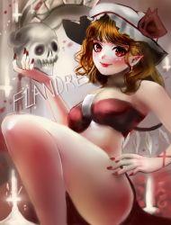 Rule 34 | 1girl, bad id, bad pixiv id, bandeau, bare legs, blonde hair, blush, breasts, candle, character name, commentary request, crystal, earrings, feet out of frame, flandre scarlet, flower, grey background, hand up, hat, hat ribbon, holding, holding skull, jewelry, lipstick, looking at viewer, makeup, medium breasts, mob cap, nail polish, pointy ears, red eyes, red flower, red lips, red nails, red ribbon, red rose, ribbon, rose, short hair, sitting, skull, smile, solo, thighs, touhou, white hat, wings, wrist ribbon, yuudai (oromizu)