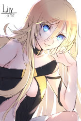 Rule 34 | 1girl, arm ribbon, black ribbon, blonde hair, blue eyes, breasts, character name, collar, collarbone, hair between eyes, highres, lily (vocaloid), long hair, looking at viewer, medium breasts, miniskirt, off shoulder, parted lips, ribbon, simple background, sitting, sketch, skirt, sleeveless, smile, solo, underboob, very long hair, vocaloid, white background, white skirt, yuuki kira
