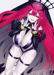 Rule 34 | 1girl, bare shoulders, blush, breasts, cleavage, detached sleeves, earrings, baobhan sith (fate), baobhan sith (second ascension) (fate), fangs, fate/grand order, fate (series), grey eyes, highres, jewelry, large breasts, long hair, looking at viewer, open mouth, pink hair, pointy ears, revealing clothes, sidelocks, sitting, slit pupils, smile, solo, thighs, veil, watosu
