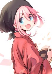Rule 34 | 1girl, :d, absurdres, black headwear, blue eyes, blush, commentary, eyes visible through hair, hair up, head scarf, highres, holding, holding tray, japanese clothes, kagamihara nadeshiko, kimono, looking at viewer, looking back, n2midori, open mouth, petals, pink hair, red kimono, simple background, smile, solo, tray, upper body, waitress, white background, yurucamp