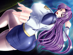 Rule 34 | 1girl, breasts, bursting breasted police, game cg, gigantic breasts, huge breasts, lipstick, long hair, makeup, police, purple hair, solo, thighhighs, uniform