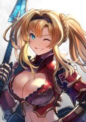 Rule 34 | 1girl, ;d, armor, black headwear, blue eyes, braid, breasts, cleavage, cleavage cutout, clothing cutout, commentary, gauntlets, granblue fantasy, grey background, grin, highres, holding, holding polearm, holding spear, holding weapon, kuroi susumu, large breasts, looking at viewer, one eye closed, open mouth, polearm, revealing clothes, shoulder armor, sidelocks, simple background, smile, solo, spear, teeth, twintails, upper body, upper teeth only, v-shaped eyebrows, weapon, zeta (granblue fantasy)