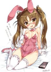 Rule 34 | 10s, 1girl, akabane (zebrasmise), animal ears, bare shoulders, blush, breasts, brown eyes, brown hair, cellphone, covered navel, fake animal ears, girls und panzer, glasses, gloves, hairband, leotard, long hair, oono aya, open mouth, phone, playboy bunny, rabbit ears, ribbon, shoes, sitting, small breasts, smartphone, smile, solo, thighhighs, twintails, very long hair, white thighhighs