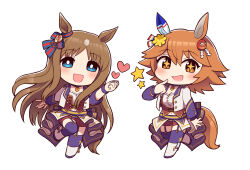 Rule 34 | + +, 2girls, animal ears, back bow, blue eyes, blush, boots, bow, breasts, brown hair, chibi, choker, clenched hand, clover hair ornament, commentary request, corset, cropped jacket, ear covers, flipped hair, four-leaf clover hair ornament, full body, garter straps, grass wonder (umamusume), hair between eyes, hair ornament, heart, highres, horse ears, horse girl, horse tail, jacket, matikanefukukitaru (umamusume), medium breasts, multicolored hair, multiple girls, open clothes, open jacket, orange hair, pendant choker, purple bow, purple choker, purple thighhighs, purple wristband, red shorts, short hair, shorts, simoyuki, single ear cover, smile, star (symbol), starting future (umamusume), streaked hair, tail, thighhighs, umamusume, white footwear, white hair, white jacket