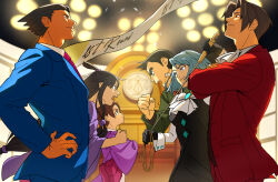 Rule 34 | 3boys, 3girls, ace attorney, ascot, black gloves, black hair, black skirt, black vest, blue eyes, blue hair, blue jacket, blue pants, brown eyes, brown hair, closed mouth, collared shirt, confrontation, courtroom, dick gumshoe, formal, franziska von karma, gem, gloves, grey eyes, grey hair, hair intakes, hair ornament, hair rings, half updo, hanten (clothes), holding, indoors, jacket, japanese clothes, juliet sleeves, kimono, long hair, long sleeves, looking at another, maya fey, miles edgeworth, mole, mole under eye, multiple boys, multiple girls, open mouth, opposing sides, pants, pearl fey, pencil skirt, phoenix wright, pink sash, puffy sleeves, purple jacket, red jacket, red suit, roku (bb8800xx), sash, shirt, short hair, sidelocks, skirt, smile, spiked hair, standing, suit, vest, whip, white shirt