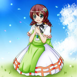 Rule 34 | 1girl, absurdres, alternate hairstyle, apron, aqua eyes, artist name, artist request, back bow, black bow, black neckwear, blue eyes, blue sky, blush, bow, bowtie, braid, breasts, brooch, brown hair, brown hat, buttons, cloud, collared dress, curly hair, day, diamond (gemstone), dress, drill hair, emma verde, female focus, flower, flower hair ornament, freckles, frilled dress, frills, grass, green apron, green bow, green dress, hair between eyes, hair flower, hair ornament, hat, hat on back, highres, jewelry, la bella patria, leaf hair ornament, long hair, looking at viewer, love live!, love live! nijigasaki high school idol club, love live! school idol festival, low twintails, medium dress, miniskirt, on grass, outdoors, own hands together, parted lips, plaid, plaid dress, plaid skirt, pleated, pleated dress, pleated skirt, red hair, short sleeves, skirt, sky, small breasts, smile, solo, sun hat, twin drills, twintails, two-tone dress, white dress, white flower, white skirt, wide sleeves