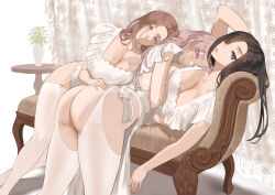 Rule 34 | 3girls, apron, ass, bent over, black hair, blue eyes, blush, breasts, brown hair, chaise longue, cleavage, garter straps, grey eyes, grin, highres, large breasts, long hair, looking at viewer, lying, lying on another, maid, multiple girls, naked apron, original, parted hair, pink hair, profile, purple eyes, recliner, smile, square neckline, thighhighs, thong, throtem, underwear, white apron, white thighhighs