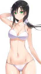 Rule 34 | 1girl, assault lily, bad id, bad pixiv id, bikini, black hair, breasts, collarbone, commentary request, cowboy shot, flower, green eyes, groin, hair flower, hair ornament, highres, long hair, looking at viewer, medium breasts, meen (ouaughikepdvrsf), navel, simple background, solo, swimsuit, wang yujia, white background, white bikini