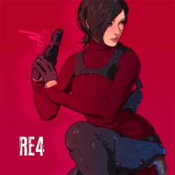 Rule 34 | 1girl, ada wong, black eyes, black hair, blush, breasts, feet out of frame, gloves, gun, holding, holding weapon, kneeling, medium breasts, one eye obstructed, red background, resident evil, resident evil 4, resident evil 4 (remake), sweater, the art mage, weapon