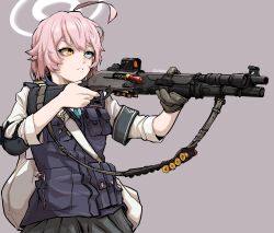Rule 34 | 1girl, absurdres, antenna hair, bag, blue archive, blue eyes, elbow pads, gloves, gun, heterochromia, highres, hoshino (blue archive), hoshino (young) (blue archive), optical sight, orange eyes, pink hair, shotgun, shoulder bag, single glove, sleeves rolled up, solo, vest, weapon