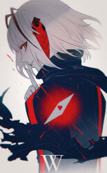 Rule 34 | 1girl, 7nite, absurdres, arknights, character name, finger to mouth, from behind, heart, highres, jacket, looking at viewer, parted lips, red eyes, red theme, scarf, short hair, shushing, simple background, smile, solo, spot color, upper body, w (arknights)