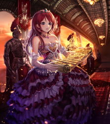 Rule 34 | 1girl, bad id, bad pixiv id, bare shoulders, blue eyes, blush, breasts, cleavage, dress, elbow gloves, frills, gloves, jname, long hair, magic, original, red hair, scroll, solo focus, tiara, too many
