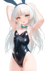 Rule 34 | 1girl, animal ears, armpits, arms up, black leotard, blue bow, blue bowtie, blue eyes, blunt bangs, bow, bowtie, breasts, detached collar, fake animal ears, highres, kantai collection, leotard, long hair, looking at viewer, playboy bunny, rabbit ears, sakieko, shirakumo (kancolle), simple background, small breasts, solo, strapless, strapless leotard, very long hair, white background, white hair