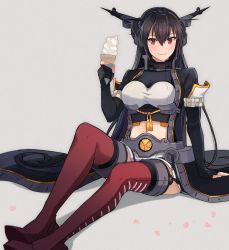 Rule 34 | 1girl, black coat, black gloves, black hair, blush, closed mouth, coat, elbow gloves, food, gloves, hair between eyes, headgear, highres, holding, holding food, ice cream, ice cream cone, kantai collection, kasumi (skchkko), long coat, long hair, nagato (kancolle), nagato kai ni (kancolle), partially fingerless gloves, pleated skirt, red eyes, red thighhighs, rudder footwear, skirt, smile, solo, thighhighs, white skirt