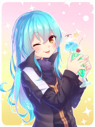 Rule 34 | 10s, 1girl, 1other, ;), ;p, artist name, blue hair, blush, brown eyes, cherry, closed mouth, cocktail glass, cup, drink, drinking glass, food, fruit, gradient background, hair between eyes, hatsuno uin, highres, ice, jacket, long hair, long sleeves, looking at viewer, one eye closed, pink background, rimuru tempest, robe, signature, slime (creature), smile, solo, sparkle, star (symbol), tensei shitara slime datta ken, tongue, tongue out, upper body, yellow background