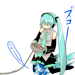 Rule 34 | 1boy, 1girl, aqua eyes, aqua hair, bad id, bad pixiv id, detached sleeves, game console, hashimochi, hatsune miku, kaito (vocaloid), long hair, lowres, necktie, nintendo 64, scarf, sitting, sitting on face, sitting on person, skirt, thighhighs, twintails, very long hair, vocaloid