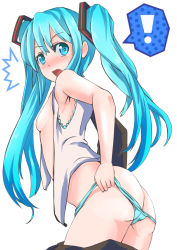 Rule 34 | !, 1girl, ^^^, ass, blue eyes, blue hair, blue panties, blush, breasts, butt crack, hatsune miku, long hair, matching hair/eyes, open clothes, open shirt, panties, shirt, simple background, small breasts, solo, t shatsu, twintails, underwear, vocaloid, white background