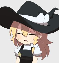 Rule 34 | 1girl, black hat, black vest, blonde hair, blush, bow, braid, closed eyes, commentary request, cookie (touhou), grey background, hair bow, hat, hat bow, highres, kirisame marisa, long hair, madore, open mouth, shirt, side braid, simple background, single braid, solo, star (symbol), suzu (cookie), touhou, upper body, vest, white shirt, witch hat