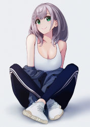 Rule 34 | 1girl, ahoge, alternate costume, blue jacket, blue pants, braid, breasts, casual, cleavage, closed mouth, commentary, crossed legs, eyelashes, fmg, full body, green eyes, grey background, hair between eyes, highres, hololive, jacket, lips, looking at viewer, medium breasts, medium hair, off shoulder, pants, shirogane noel, shoes, silver hair, simple background, sitting, sleeveless, smile, sneakers, solo, striped clothes, striped pants, sweatpants, tank top, vertical stripes, virtual youtuber, white footwear, white tank top
