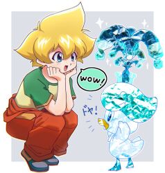 Rule 34 | 1boy, bakuten shoot beyblade, beyblade, blonde hair, blue eyes, blush, border, commentary, creatures (company), crossover, crown, crystal, english text, from side, game freak, green footwear, green shirt, grey background, hands on own cheeks, hands on own face, hands up, looking at another, male focus, mizuhara max, nintendo, notice lines, open mouth, orange pants, outside border, pants, pokemon, pokemon (creature), quaxly, raglan sleeves, shirt, shoes, short hair, short sleeves, smile, sneakers, sound effects, sparkle, speech bubble, squatting, terastallization, tkoknmy0321, white border