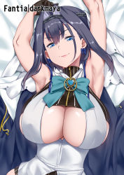 Rule 34 | 1girl, armpits, arms up, artist name, black gloves, black hair, black shirt, blue bow, blue bowtie, blue cape, blue eyes, bow, bow earrings, bowtie, breasts, cape, chain, chain headband, closed mouth, clothing cutout, commentary request, darkmaya, earrings, gloves, hair intakes, head chain, heart, hololive, hololive english, huge breasts, jewelry, looking at viewer, lying, on back, ouro kronii, shirt, short hair, skindentation, smile, solo, underboob cutout, vest, virtual youtuber, white vest, zipper