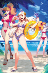 Rule 34 | 3girls, absurdres, ass, barefoot, beach, bikini, bird, blonde hair, blue sky, breasts, butt crack, capcom, capcom fighting jam, cellphone, cleavage, cloud, commentary, day, effie (street fighter), feet, final fight, food, genryuusai maki, genzoman, highres, ice cream, ice cream cone, imageboard desourced, ingrid (capcom), innertube, large breasts, looking at viewer, medium breasts, multiple girls, nail polish, navel, non-web source, ocean, open mouth, outdoors, palm tree, phone, sandals, seagull, selfie, sky, small breasts, smile, stomach, street fighter, street fighter iii (series), swim ring, swimsuit, toenail polish, toenails, toes, tree, unworn shirt, water