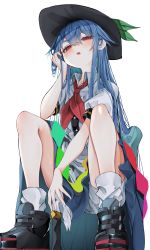Rule 34 | 1girl, absurdres, black footwear, black hat, blue hair, blue skirt, blush, buttons, collared shirt, hair between eyes, hat, highres, hinanawi tenshi, long hair, open mouth, puffy short sleeves, puffy sleeves, rainbow order, red eyes, shirt, shoes, short sleeves, simple background, skirt, socks, solo, touhou, tsune (tune), white background, white shirt, white socks