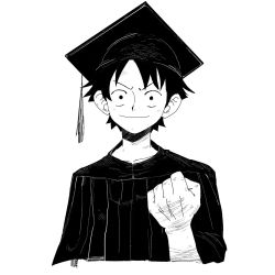 Rule 34 | 1boy, clenched hand, closed mouth, collarbone, commentary, david liu, english commentary, greyscale, hair behind ear, hat, highres, looking at viewer, male focus, monkey d. luffy, monochrome, mortarboard, one piece, parted bangs, portrait, second-party source, short hair, simple background, smile, solo, tassel, v-shaped eyebrows, white background