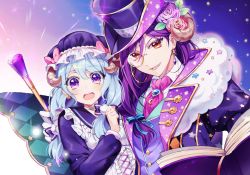 Rule 34 | 2girls, :d, arm around shoulder, bad id, bad pixiv id, bang dream!, blue bow, blue hair, blue headwear, blue ribbon, book, bow, brooch, cane, center frills, choker, crescent, cross-laced clothes, earrings, flower, frills, fur collar, hair between eyes, hair bow, hair flower, hair ornament, hair over shoulder, hair ribbon, hat, hat bow, horn flower, horns, jewel-topped staff, jewelry, long hair, long sleeves, looking at viewer, low-tied long hair, matsubara kanon, minori (faddy), mob cap, monocle, multiple girls, open book, open mouth, pink bow, pink flower, pink neckwear, pink rose, purple flower, purple hair, purple rose, red eyes, ribbon, rose, seta kaoru, sheep horns, smile, sparkle print, star (symbol), star earrings, top hat, upper body, white choker