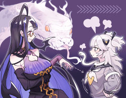 Rule 34 | 2girls, puff of air, ahoge, alchemy stars, arms under breasts, arrow (symbol), black eyes, black hair, breasts, cleavage, colored inner hair, detached sleeves, dress, florine (alchemy stars), glasses, grey hair, grey shirt, hair ornament, hand up, hands on own hips, jl seiko, large breasts, long hair, multicolored hair, multiple girls, neckerchief, pout, red eyes, sailor collar, semi-rimless eyewear, sheol (alchemy stars), shirt, sidelocks, sleeveless, sleeveless dress, smile, snake, teeth, two side up, upper body, white neckerchief