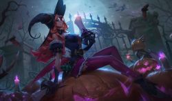 Rule 34 | 1girl, bare tree, bat (animal), bewitching miss fortune, breasts, candle, cat, from side, gun, halloween, hat, holding, holding candle, holding gun, holding weapon, jack-o&#039;-lantern, league of legends, lipstick, long hair, makeup, night, official art, outdoors, pumpkin, miss fortune (league of legends), sitting, thighhighs, tree, weapon, witch hat