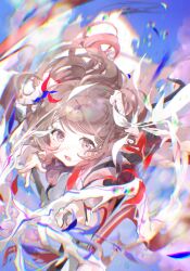 Rule 34 | 1girl, arknights, blurry, blurry background, brown eyes, brown hair, chromatic aberration, commentary request, depth of field, eyjafjalla (arknights), highres, horns, long hair, long sleeves, looking at viewer, open mouth, oy youyou yo, sheep horns, sleeves past wrists, solo