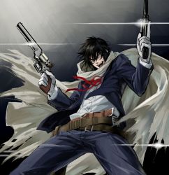 Rule 34 | 10s, 1boy, bad id, bad pixiv id, belt, black hair, blue eyes, butch cassidy, cape, drifters, dual wielding, evil smile, gun, handgun, holding, indesign, jacket, messy hair, open clothes, open jacket, open mouth, revolver, short hair, smile, torn clothes, trigger discipline, weapon