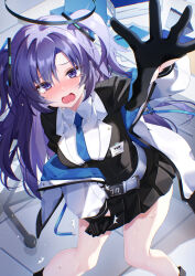 Rule 34 | 1girl, absurdres, black gloves, black skirt, black suit, blue archive, blue necktie, blush, breasts, chierishu, collared shirt, commentary, crying, crying with eyes open, formal, gloves, half gloves, halo, highres, jacket, long hair, long sleeves, looking at viewer, mechanical halo, miniskirt, necktie, off shoulder, open mouth, pleated skirt, purple eyes, purple hair, reaching, reaching towards viewer, shirt, sidelocks, skirt, skirt tug, solo, standing, suit, tearing up, tears, two-sided fabric, two-sided jacket, two side up, wavy mouth, white jacket, white shirt, yuuka (blue archive)