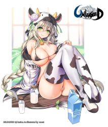 Rule 34 | 1girl, absurdres, animal print, areola slip, areolae, arm support, ass, bare shoulders, bell, bikini, black bikini, black choker, blanket, bottle, braid, breasts, choker, cleavage, cleft of venus, cow hood, cow print, cow tail, cowbell, green eyes, highres, jacket, knees up, large breasts, long hair, long sleeves, looking at viewer, maett, micro bikini, milk bottle, milk carton, off shoulder, official art, open clothes, open jacket, partially visible vulva, ribbon, silver hair, sitting, skindentation, smile, solo, string bikini, swimsuit, tail, tail ornament, tail ribbon, thighhighs, thighs, twin braids, unleashed, very long hair, watermark, white background, white jacket, white legwear