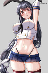 Rule 34 | 1girl, absurdres, black hair, black hairband, black neckerchief, black panties, blue sailor collar, blue skirt, breasts, cosplay, crop top, elbow gloves, fusou (kancolle), gloves, grey background, hairband, highleg, highleg panties, highres, kantai collection, large breasts, long hair, looking at viewer, low-tied long hair, microskirt, miniskirt, mizuki (uzuki no sato), neckerchief, one-hour drawing challenge, panties, pleated skirt, red eyes, sailor collar, shimakaze (kancolle), shimakaze (kancolle) (cosplay), shirt, simple background, skirt, sleeveless, sleeveless shirt, standing, striped clothes, striped thighhighs, thighhighs, twitter username, underwear, white gloves