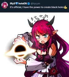 Rule 34 | 1girl, black hole, blush, breasts, cleavage, ddolbang, demon horns, detached sleeves, dress, halo, heterochromia, highres, hololive, hololive english, horns, irys (hololive), irys (irys 2.0) (hololive), kamehameha (dragon ball), long hair, looking at viewer, magenta hair, medium breasts, open mouth, pointy ears, star halo, twitter, twitter verified checkmark, v-shaped eyebrows, very long hair, virtual youtuber, white background, white dress