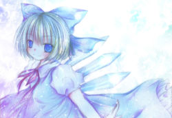 Rule 34 | 1girl, bad id, bad pixiv id, blue hair, blue theme, cirno, dress, embodiment of scarlet devil, female focus, gradient background, kasuga sunao, ribbon, short hair, solo, touhou, white background, wings