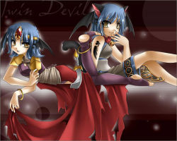 Rule 34 | 2girls, animal ears, anklet, bell, blue hair, bracelet, cat ears, cat tail, circlet, collar, demon, demon girl, head wings, jewelry, leg up, lying, multiple girls, neck bell, on stomach, ragnarok online, shilin, short hair, siblings, sisters, sitting, tail, toeless legwear, torn clothes, twins, weapon, wings, yellow eyes