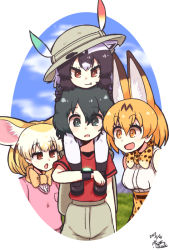 Rule 34 | 10s, 4girls, :d, :o, animal ear fluff, animal ears, backpack, bag, black eyes, black hair, blonde hair, bow, bowtie, brown eyes, bucket hat, carrying, commentary request, common raccoon (kemono friends), dated, extra ears, fang, fennec (kemono friends), fox ears, hair between eyes, hat, hat feather, high-waist skirt, itsuki (kisaragi), kaban (kemono friends), kemono friends, lucky beast (kemono friends), multicolored hair, multiple girls, open mouth, orange eyes, print neckwear, print skirt, raccoon ears, red shirt, serval (kemono friends), serval print, shirt, short hair, shoulder carry, signature, skirt, sleeveless, sleeveless shirt, smile, spoilers, white shirt, yellow neckwear