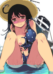 Rule 34 | 10s, 1girl, ahoge, black hair, blush, breasts, brown eyes, covered erect nipples, hat, kantai collection, large breasts, long hair, nipples, one-piece swimsuit, one breast out, partially submerged, polka dot, polka dot swimsuit, pussy, pussy peek, simple background, solo, swimsuit, torn clothes, torn swimsuit, ushio (kancolle), water, white background, yuu (kfc)