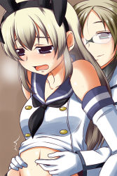 Rule 34 | 10s, 2girls, animal ears, bare shoulders, blonde hair, blue eyes, blush, brown hair, collarbone, commentary request, fake animal ears, glasses, gloves, green eyes, highres, jewelry, kantai collection, katori (kancolle), midriff, military, multiple girls, navel, necklace, nishi koutarou, open mouth, out-of-frame censoring, rabbit ears, school uniform, serafuku, shimakaze (kancolle), silver hair, sweat, waist grab, white gloves, yuri