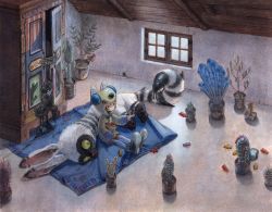 Rule 34 | animal, attic, black hair, blue theme, cactus, candy, cat, chain, child, food, grey theme, gummy bear, highres, hood, indoors, key, keyring, kou.k, lemur, lying, monster, muted color, original, plant, potted plant, red eyes, roomscape, rug, shoes, sitting, wardrobe, window
