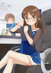 Rule 34 | 2girls, bespectacled, blue dress, bow, brown eyes, brown hair, chair, clipboard, closed eyes, commentary request, crossed legs, dress, glasses, hair bow, highres, holding, holding clipboard, idolmaster, idolmaster cinderella girls, indoors, laughing, looking at viewer, multiple girls, office, office chair, senkawa chihiro, sitting, smile, swivel chair, tachibana arisu, tsubure manjuu