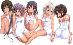 Rule 34 | 10s, 5girls, :o, accessory tan, akebono (kancolle), all fours, alternate costume, alternate hairstyle, arm support, ass, bad id, bad twitter id, bare shoulders, barefoot, bell, black hair, blue eyes, braid, breasts, brown eyes, cleavage, dress, artistic error, feet, flower, from behind, fubuki (kancolle), full body, green eyes, hair bell, hair between eyes, hair flower, hair ornament, unworn hair ornament, hamakaze (kancolle), hand on another&#039;s leg, hands on feet, jingle bell, kantai collection, large breasts, long hair, looking at viewer, mouth hold, multiple girls, nijimotohiro k, pantylines, purple eyes, purple hair, shigure (kancolle), short dress, short hair, shorts tan, silver hair, simple background, single braid, sitting, small breasts, soles, strap slip, sundress, tan, tanline, thighs, toes, ushio (kancolle), wariza, white dress, wrong foot, yokozuwari