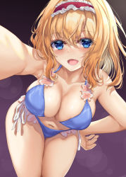 Rule 34 | 1girl, :d, alice margatroid, alternate costume, armpits, bare shoulders, bikini, blonde hair, blue bikini, blue eyes, blush, breasts, cleavage, collarbone, commentary request, flower, frilled hairband, frills, hairband, hand on own hip, kaeranu kaeru, large breasts, navel, open mouth, outstretched arm, purple background, reaching, reaching towards viewer, red hairband, selfie, short hair, side-tie bikini bottom, smile, solo, swimsuit, touhou
