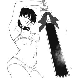 Rule 34 | 1girl, angry, black hair, bra, chainsaw man, greyscale, leeloo dallas, long hair, mitaka asa, monochrome, navel, panties, ribbon, simple background, solo, sword, twintails, underwear, underwear only, weapon
