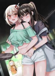 Rule 34 | 3girls, :d, behind another, black hair, black shirt, blonde hair, blue eyes, blush, bow, bracelet, grabbing another&#039;s breast, breasts, chestnut mouth, closed mouth, crop top, doorway, from behind, frying pan, grabbing, grabbing from behind, green shirt, hair bow, hair ribbon, highres, holding, imminent fingering, indoors, inoue takina, jewelry, kitchen, kurumi (lycoris recoil), large breasts, lemon t, long hair, looking at another, lycoris recoil, multiple girls, nishikigi chisato, o o, open fly, open mouth, overalls, ponytail, purple eyes, red eyes, ribbon, scrunchie, shirt, short hair, shorts, sign, smile, strap slip, tied shirt, walk-in, white shorts, yuri
